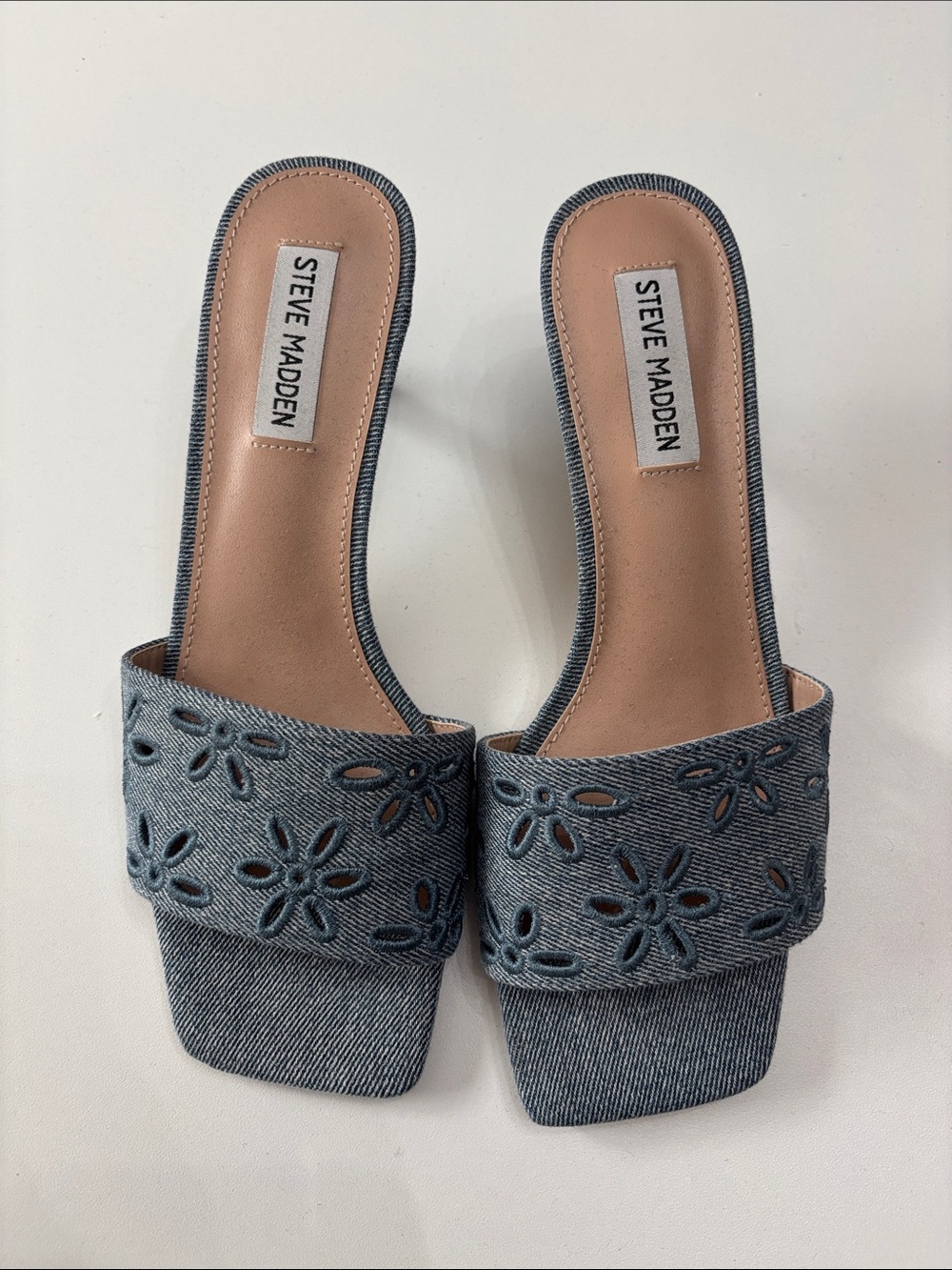 Steve Madden Denim Floral Cutout Slide Mules in Blue